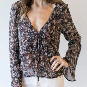 FREE PEOPLE Womens Small Black Orange V-Neck Long Sleeve Blouse Shirt Top